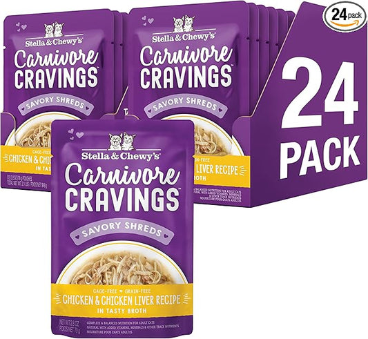 Stella & Chewy's Carnivore Cravings Wet Cat Food - Premium Pouches - Grain Free, High Protein Chicken & Chicken Liver - Perfect For Pickey Eaters - Complete Meal or Topper (2.8 oz, 24 Pack)