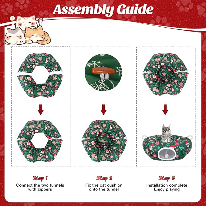 Christmas Tree Cat Tunnel, Soft Cat Tunnels for Indoor Cats with Middle Cushion, Cute Pet Donut Cave Bed Play Toys, Xmas Tree Decorations Protector Gifts