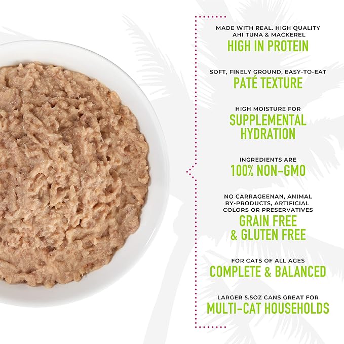 Tiki Cat Luau Pate, Ahi Tuna & Mackerel Recipe in Tuna Consumme, Grain-Free Balanced Nutrition Wet Canned Cat Food, for All Life Stages, 5.5 oz. Can (8 Count)