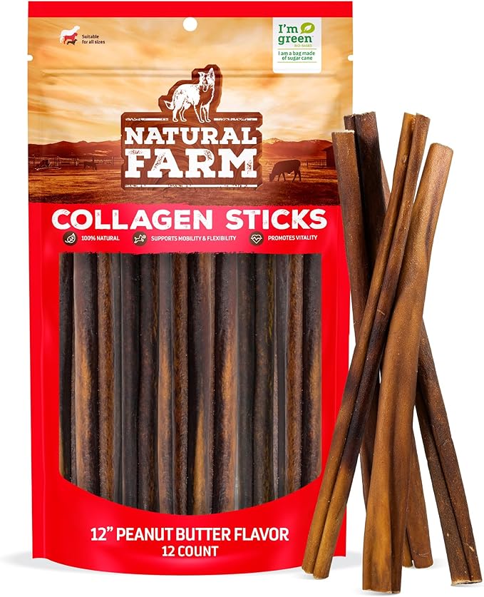 Natural Farm Peanut Butter Flavor Collagen Sticks for Dogs (12 Inch, 12 Count), Long-Lasting Beef Collagen Sticks, Rawhide Alternative Chews with Chondroitin & Glucosamine, Low-Fat Dental Treats