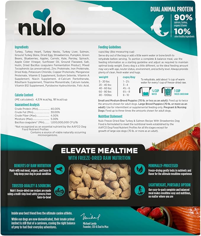 Nulo Freeze-Dried Raw Turkey & Salmon Recipe with Strawberries Complete and Balanced Dry Dog Food Kibble, 18 Ounce Bag
