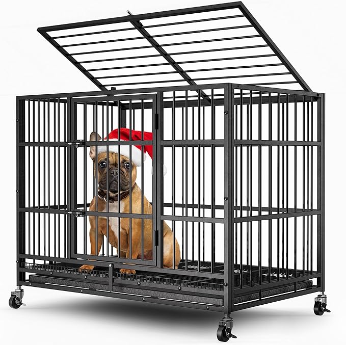 38" Heavy Duty Dog Crates for Small Dogs, Escape Proof, Upgraded 4 Lockable Wheels, Removable Door, Dog Kennel Indoor, Max Load 300Lbs, Easy to Clean, Medium Dog Crate for High Anxiety Dogs