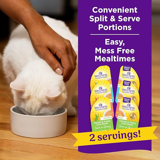 Wellness Complete Health Purrfect Duos Variety Pack Adult Wet Cat Food, Natural, Protein Rich, Grain Free, Pate and Gravy Recipes, 2.64 oz, Pack of 12 Split Cups