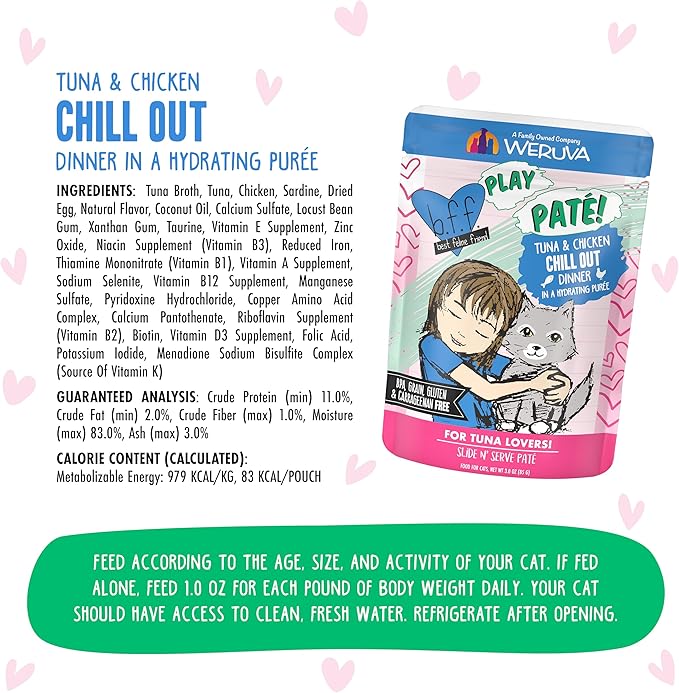 Weruva B.F.F. Play - Best Feline Friend Paté Lovers, Aw Yeah!, Tuna & Chicken Chill Out with Tuna & Chicken, 3oz Pouch (Pack of 12)