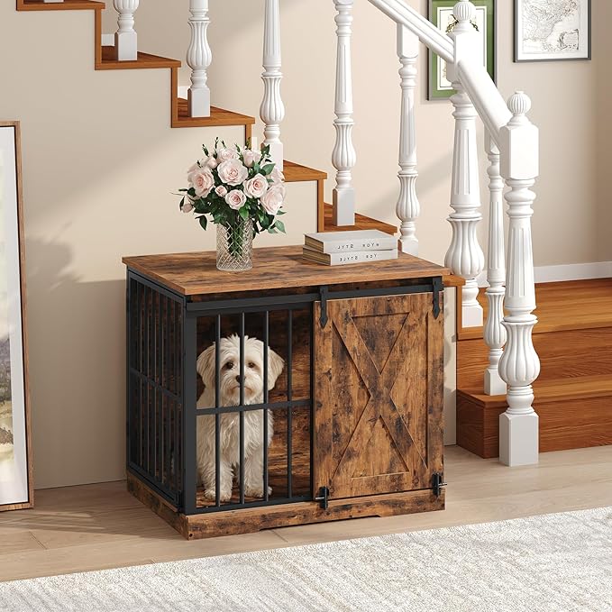 MAHNACRIS 31.5" Farmhouse Dog Crate Furniture with Barn Door, Heavy Duty Dog Kennel for Small Medium Dogs, Wooden Dog Cage End Table, Decorative Pet House, Chew Resistant, Rustic Brown DCHR8001