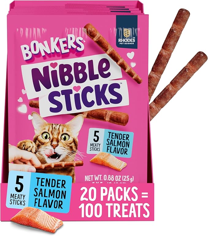 Bonkers Nibble Sticks Soft & Meaty Tender Salmon Flavor Cat Treats, 5 Sticks (Pack of 20)