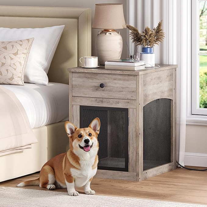 HOOBRO Dog Crate Furniture, Dog Kennel with Drawer and Charging Station, Indoor Decorative Puppy House, Wooden Pet Crate End Table for Small Dogs, Greige and Black BG58UGW03G1