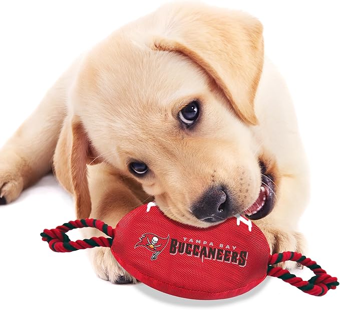 Pets First NFL Tampa Bay Buccaneers Football Dog Toy, Tough Quality Nylon Materials, Strong Pull Ropes, Inner Squeaker, NFL Team Color