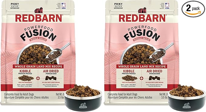 Redbarn Powerfood Fusion Air Dried Kibble Blend – Whole Grain Land Beef Lamb Recipe – Made in USA Adult Dry Dog Food with Superfoods, Prebiotics, Postbiotics - 3.5lb Bag (Pack of 2)