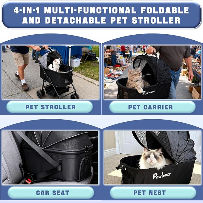 4 Wheels Pet Stroller 4 in 1 Pet Stroller with Detachable Carrier for Small & Medium Dogs Cats up to 55 lbs Easy-Folding Travel Dog Wagon with Car Seat Breathable Mesh,Blue Cartoon