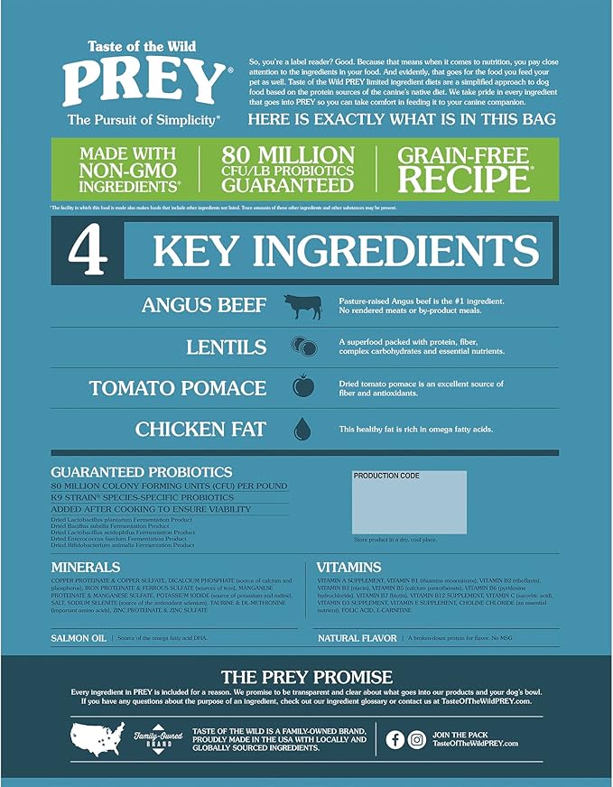 Taste of the Wild PREY ® Real Meat High Protein Limited Ingredient Dry Dog Food Grain-Free Recipe Made with Premium Real Ingredients That Provide High Amounts of Protein, Antioxidants, and Probiotics