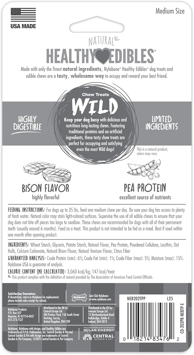 Nylabone Healthy Edibles WILD Natural Dog Chews, Long Lasting Bones for Dogs, Bison Flavor Dog Treats, Medium (2 Count)