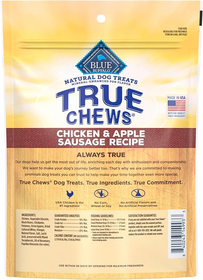Blue Buffalo True Chews Dog Treats, Made in the USA with Natural Ingredients, Chicken and Apple Sausage Recipe, 12-oz Bag