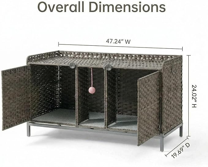 GAOMON Cat Litter Box Enclosure Furniture, Handwoven Rattan Cat Houses, Hidden Cat Washroom Furniture with Door/Mat, Large Space Cat Houses with S-Shaped Hooks, Living Room, Bedroom, Gray