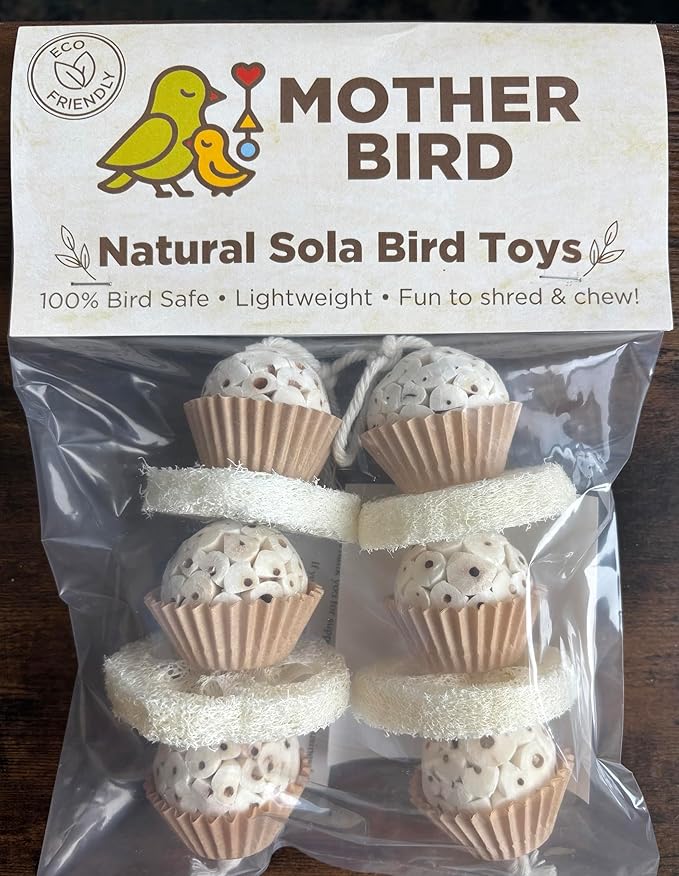 Natural Bird Toy - Shred and Destroy - Double Texture Soft & Crunchy - Sola Ball and Loofah Plant - Small Birds - Budgies, Lovebirds - 2 Pack