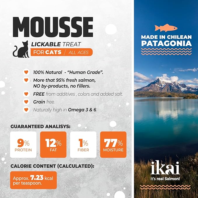 IKAI - Lickable Wet Cat Treats - Patagonian Salmon from Chile, No By-Products, Highly Digestible Protein, with Omega 3 & 6 for Healthy Skin & Glossy Coat - 2.11 oz (1 Pack, Salmon)