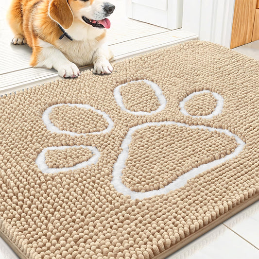 Smiry Dog Door Mat for Muddy Paws, Absorbent Dirt Trapper Non Slip Quick Dry Washable Chenille Mat for Mud Dogs, Entry Rug for Indoor and Outdoor (30x20 Inches, Beige)