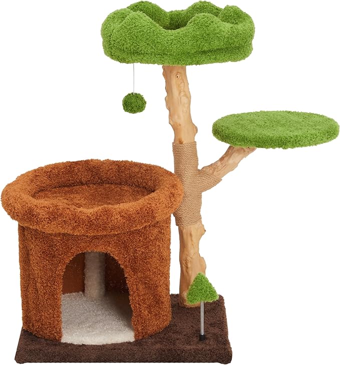 Cat Tree Tower, 32-Inch Multi-Level Natural Wooden Cat Furniture with Sisal Scratching Posts, Beds & Condo, Cute Cat Tree for Indoor Cats, Multi-Cat House Hold solds