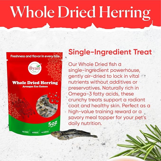 Whole Dried Herring 5 Oz, One Ingredient Dog Treats Fish for Training, Crunchy Air Dried Fish for Dogs and Cats