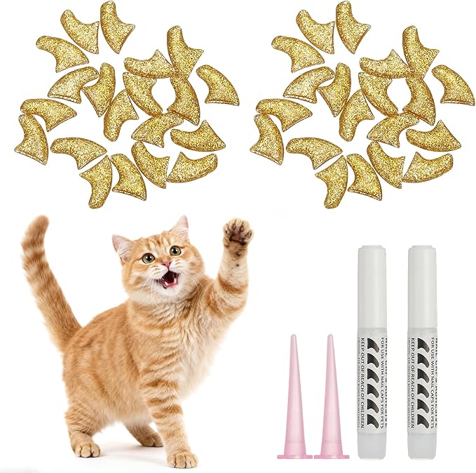 Cat Nail Caps, Cat Claw Covers with Adhesive Glue and Applicators, Kitten Claw Caps Soft Paws, (40 Pcs, L, Crystal Gold), Intended for Pet Tips/Nail Covers/Control Paws