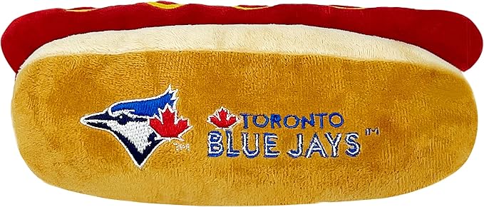 MLB Toronto Blue Jays Plush Dog Toys - Stadium Theme Snacks - Cutest Plush HOT-Dog Toy for Dogs & Cats with Inner Squeaker & Premium Embroidery of Baseball Team Name/Logo