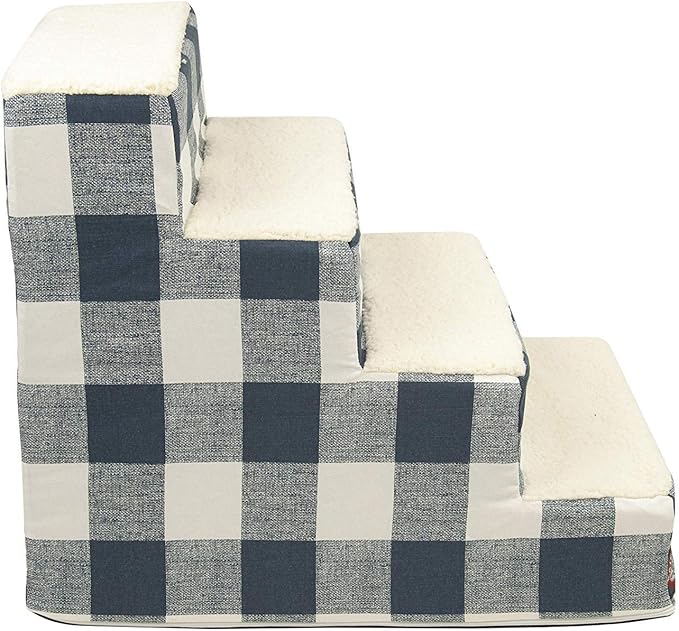 Majestic Pet 4 Step Portable Dog Stairs for Small Dogs to get on Bed Supports 250 lbs or Less – Dog Steps for High Bed with Machine Washable Cover –Pet Stairs for Cats Anderson Check Navy Blue