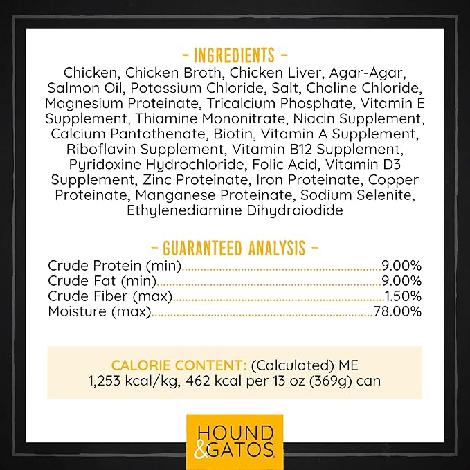 Hound & Gatos Wet Dog Food, 98% Real Meat, Single Protein Chicken Recipe, Supports Digestive Health, High Protein, Limited Ingredients, Grain Free, 13 oz. Cans (Pack of 12)