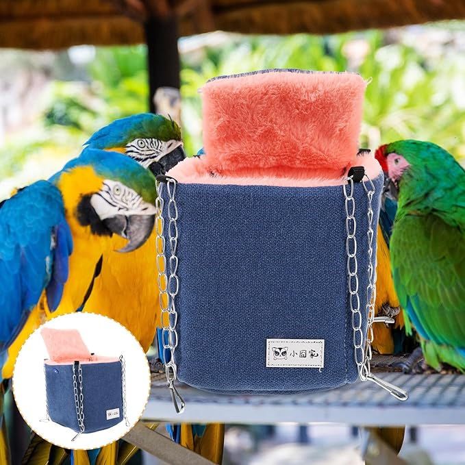 Small Animal Hammock Bed Hanging Warm Cotton Sleeping Sack Dark Blue M Size for Hamster Parrot Bird Cage Accessories