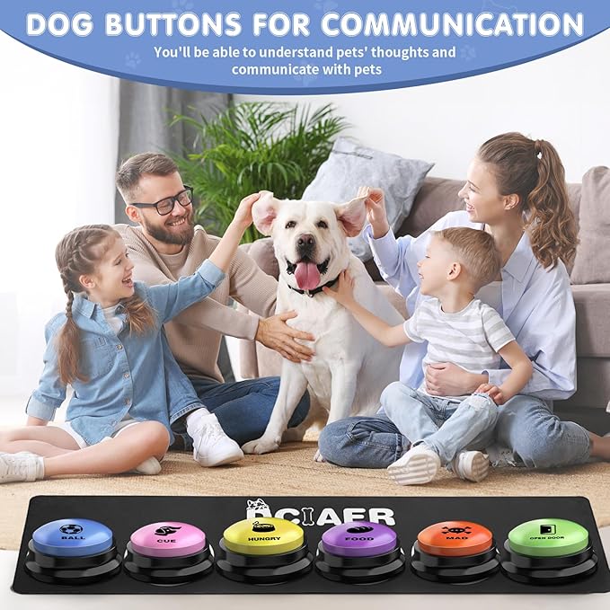 Dog Buttons for Communication, 6 PCS Dog Talking Button Set,30 Seconds Recordable Pet Training Buzzer，with Training Manual Book+12 AAA Batteries+24 Scene Modes + 1 Dog Button Mat