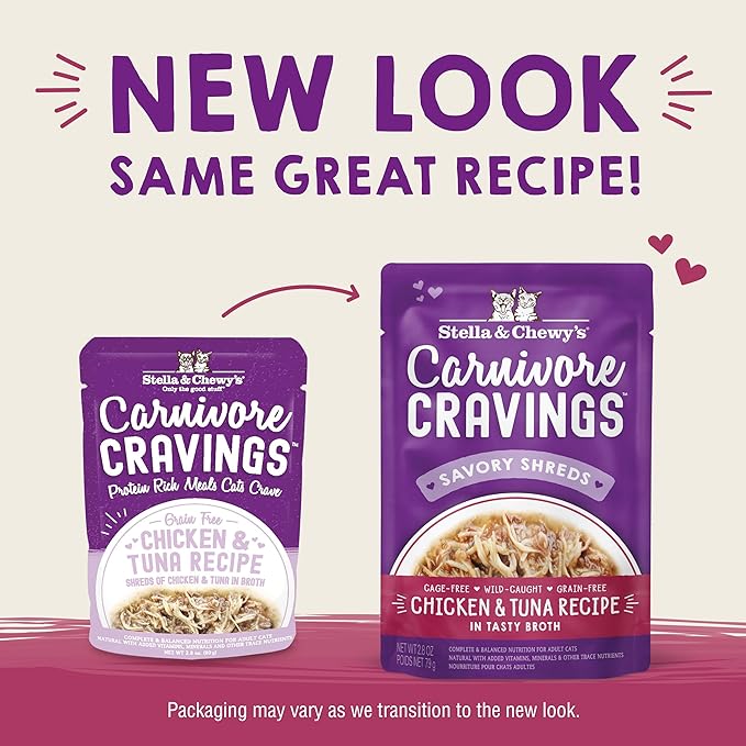 Stella & Chewy's Carnivore Cravings Wet Cat Food - Premium Pouches - Grain Free, High Protein Chicken & Tuna - Perfect for Picky Eaters - Complete Meal or Topper (2.8 oz, 12 Pack)