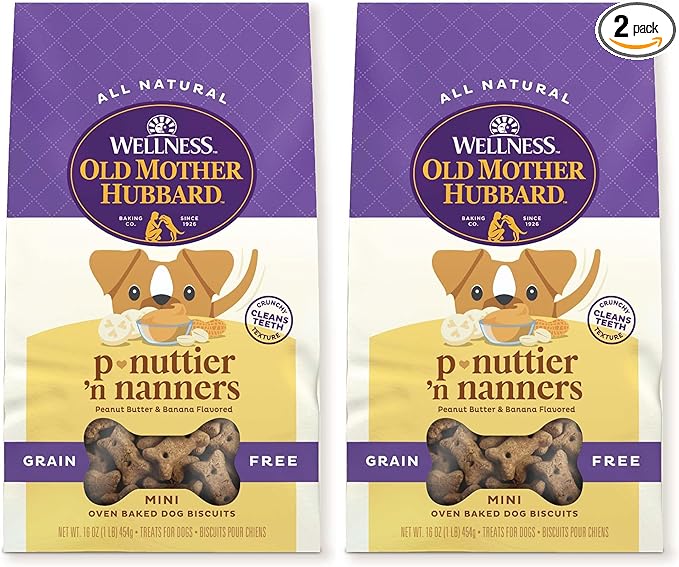 Old Mother Hubbard Wellness P-Nuttier 'N Nanners Dog Biscuits, Natural, Training Treats, Peanut Butter & Banana Flavor, Mini Size, (1 Pound Bag) (Pack of 2)