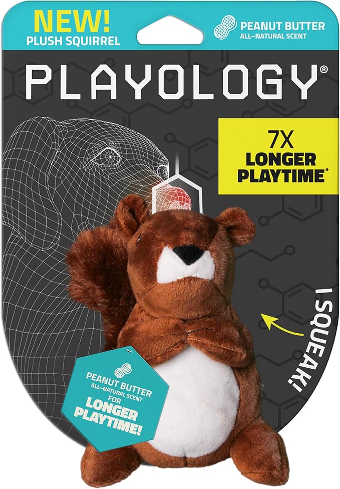 Playology Dog Toys | Plush Squirrel Stuffed Animal for Dogs | Peanut Butter Scented Small Squeaky Toy | Plush Chew Toy for Dogs