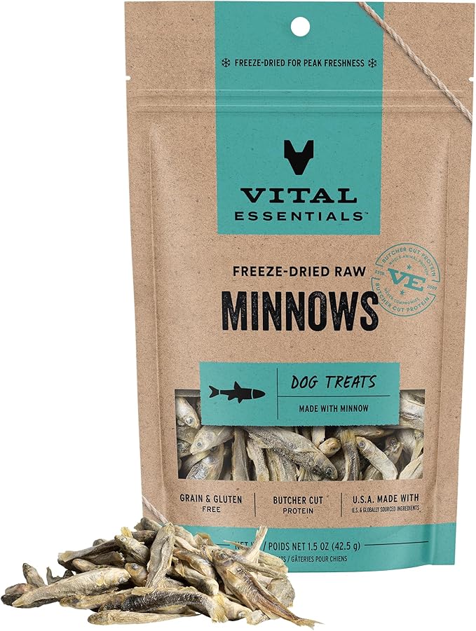 Vital Essentials Freeze Dried Minnows Dog Treats | Single Ingredient | Premium Quality | Grain Free Treats for Dogs, 1.5 oz Bag