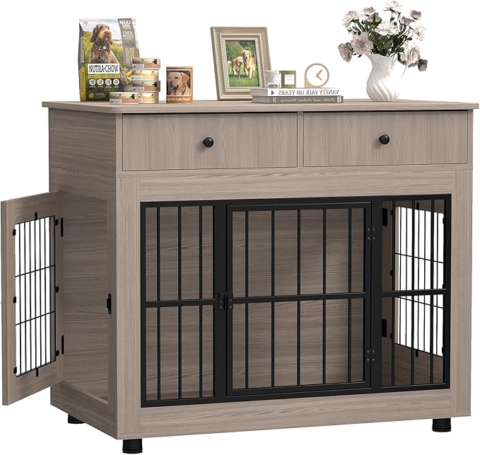 40 inch Dog Crate Furniture-Farmhouse Dog Kennel with Drawers-Heavy Duty End Table Wooden Pet Crate, Decorative Dog House Indoor for Small Medium Large Dog, Oak Grey