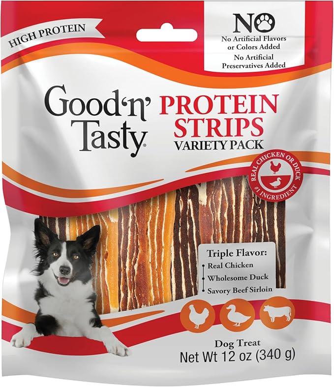Good’n’Tasty Protein Strips Variety Pack, 12 oz, High-Protein Dog Treat with Real Chicken Or Duck and Savory Beef Sirloin, Jerky-Style Chew with No Added Artificial Preservatives, Flavors Or Colors