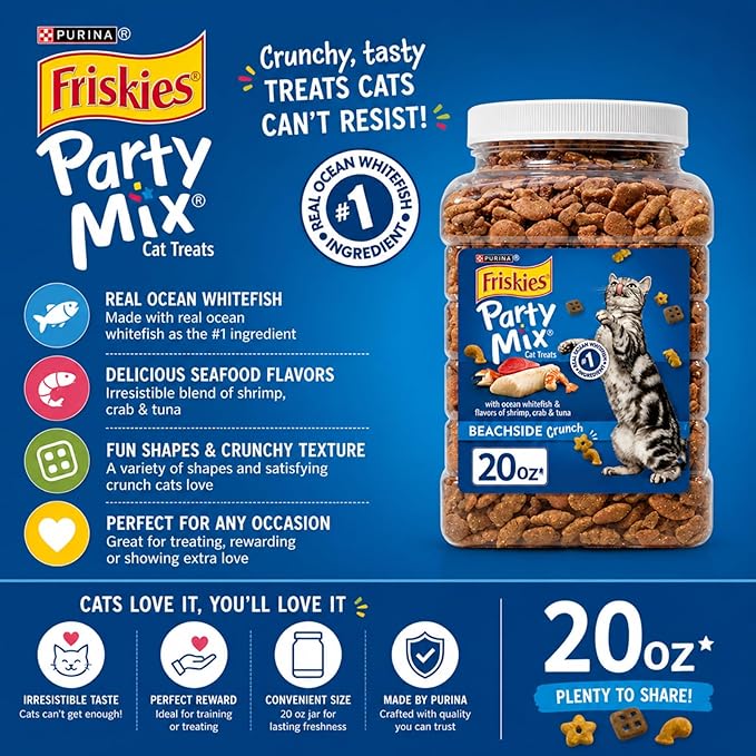 Purina Friskies Party Mix Crunch Beachside Cat Treats, Seafood Flavors (Ocean Whitefish, Shrimp, Crab & Tuna), Crunchy Cat Snacks, 30 oz (1.25 lb)