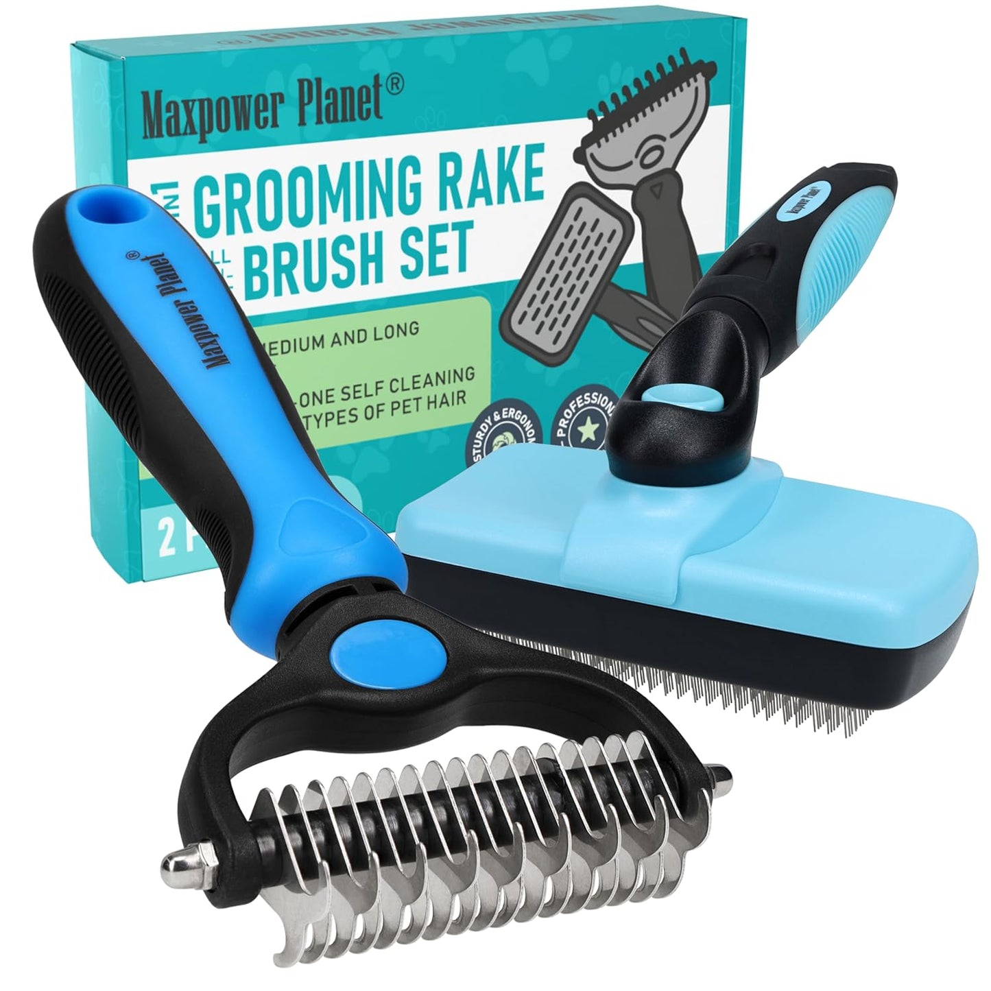 Maxpower Planet Dog Rake and Dog Hair Brush - Gently Removes Loose Undercoat, Mats and Tangled - Deshedding Grooming Tool for Dogs & Cats - Self Cleaning Slicker Brush - All Hair Types