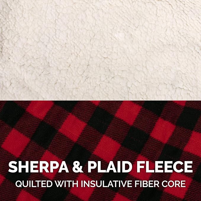 Furhaven Reversible Medium Dog Coat, Washable & Insulating w/ Leash Access - Sherpa & Plaid Fleece Flex-Fit Jacket - Cream/Red, Medium