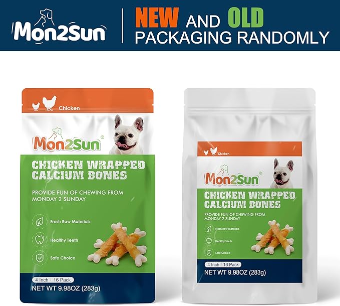 MON2SUN Dog Treats, Chicken Wrapped Calcium Bones Without Rawhide, 4 Inch Training Treats for Teeth Cleaning and Fresh Breath, Chews for Puppy and Small Dogs (10 Ounce - Pack of 2)