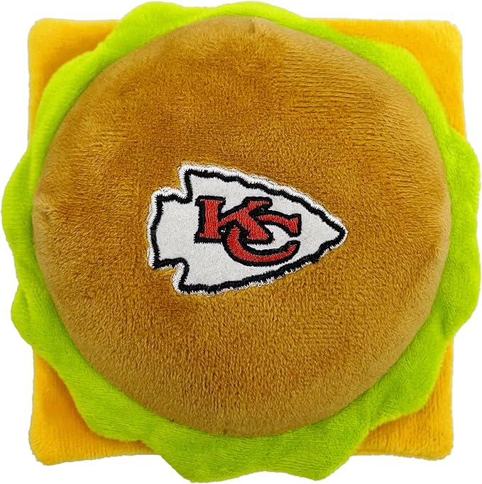 Pets First NFL Kansas City Chiefs Stadium Cheese Burger Plush Dog & Cat Squeak Toy with Beautiful Team Name & Logo