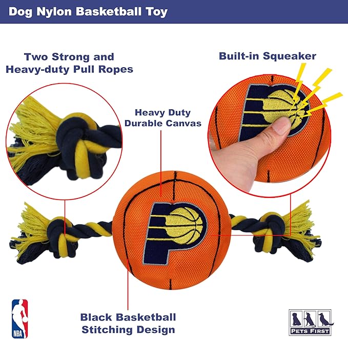 Pets First NBA Indiana Pacers Basketball Toy. - Tough Nylon Pet Toy with Tug Ropes & Inner Squeaker, One Size, PAC-3105