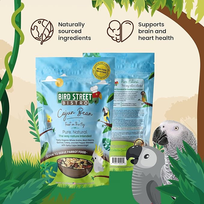 Bird Street Bistro Parrot Food for Parakeets & Cockatiels - Cajun Bean - 20 oz - Cooks in 3-15 min, Natural Grains, Fruits & Vegetables - USA Made