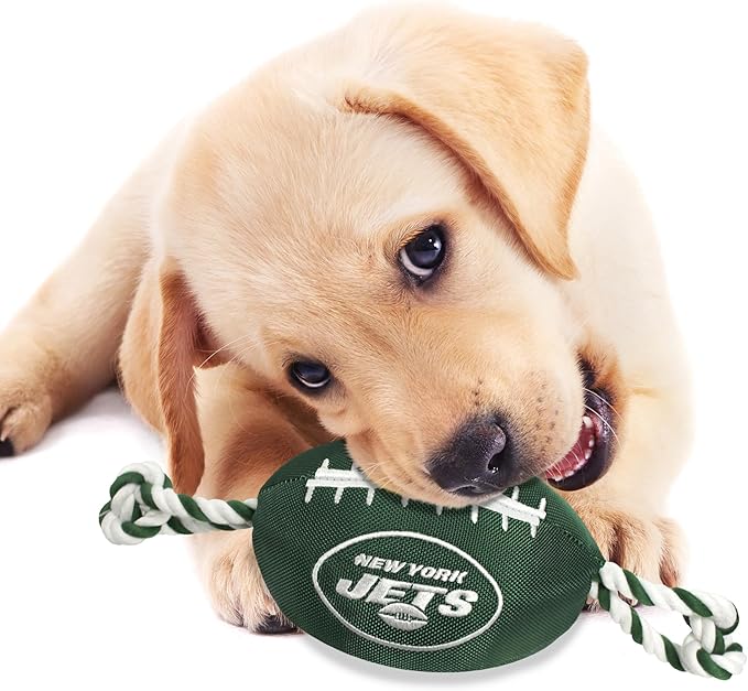 Pets First NFL New York Jets Football Dog Toy, Tough Quality Nylon Materials, Strong Pull Ropes, Inner Squeaker, NFL Team Color