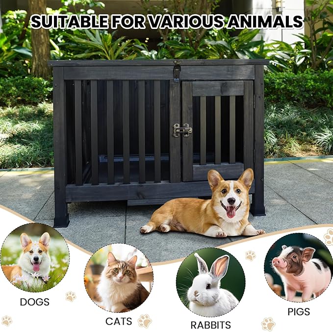 Agitree 28" Dog Crate Furniture, Fully Assembled Wooden Dog Kennel with Removable Tray, Decorative Pet Crate Dog Cage Indoor Furniture End Table, Portable Pet Cage for Small & Medium Dogs, Black