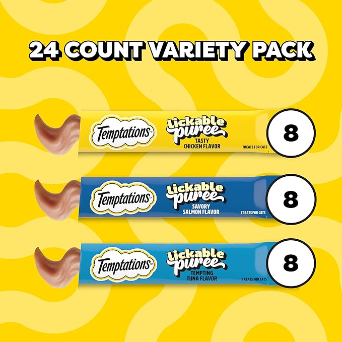 Temptations Creamy Puree Squeezable Lickable Cat Treats, Wet Cat Treats with Chicken, Salmon, and Tuna Variety Pack, 0.42 oz. Tubes, 24 Count