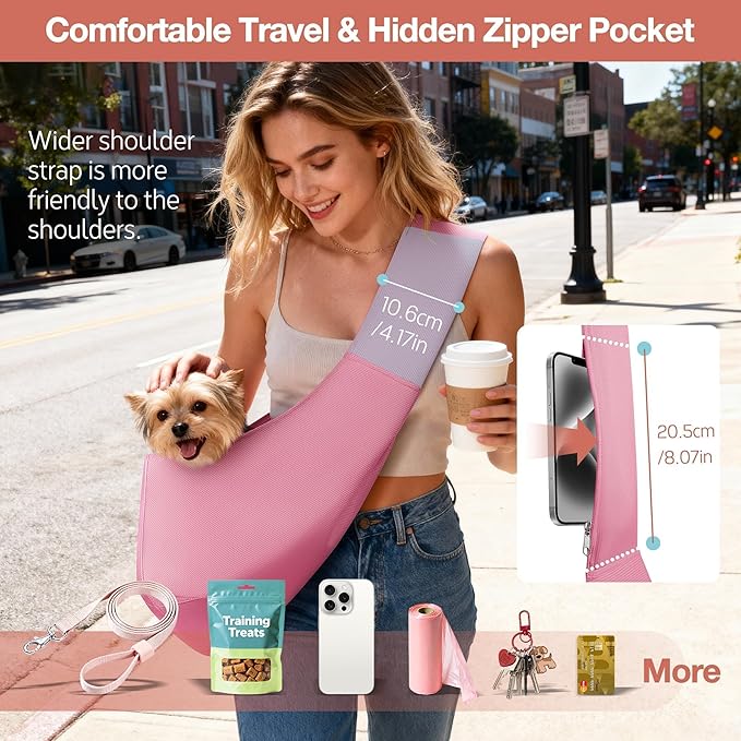 YUDODO Adjustable Dog Sling Carrier for Small Dogs Lightweight Crossbody Pet Bag with Safety Strap, Pocket Storage, Machine Washable, Comfortable Travel & Outdoor Sling up to 9 lbs Pink Fashion