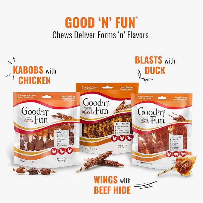 Good ‘n’ Fun Triple Flavor Rolls for Large Dogs, Treat Your Dog to Long-Lasting Chews Made with Real Beef Hide and Chicken, 6 Count