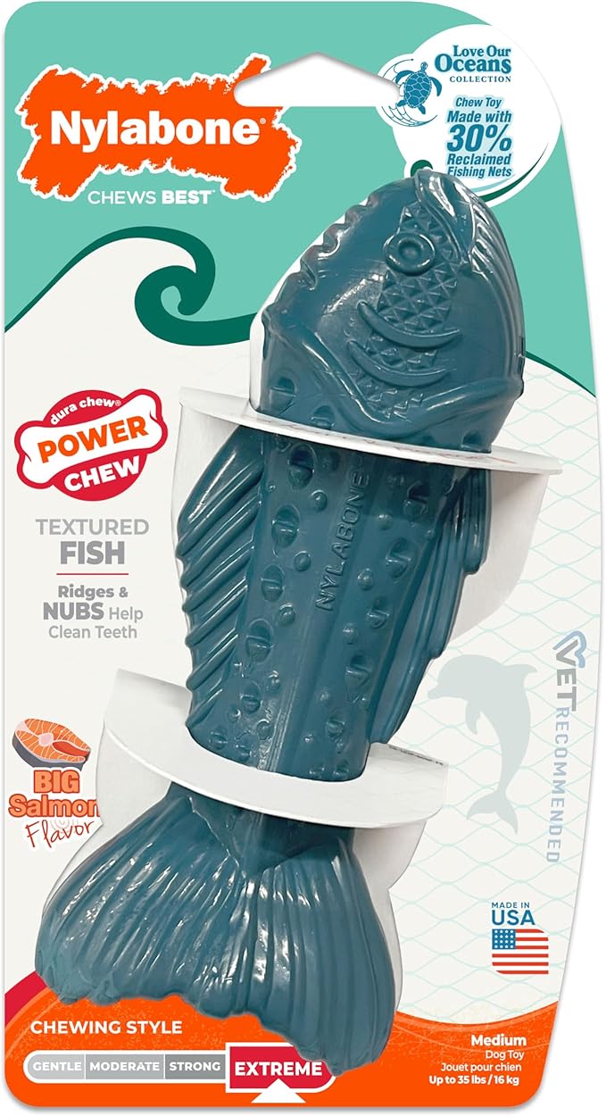 Nylabone Love Our Oceans Textured Fish Power Chew Toy for Dogs, Recycled & Sustainable Chew Bones for Dogs, Dog Toys Made in USA, Salmon Flavor, Medium Dog Toys - Up to 35 lbs, 1 Count