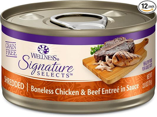 Wellness CORE Signature Selects Shredded Adult Canned Wet Cat Food, Natural, Protein Rich, Grain Free, Chicken and Beef Entrée Recipe, 2.8 oz, Pack of 12 Cans