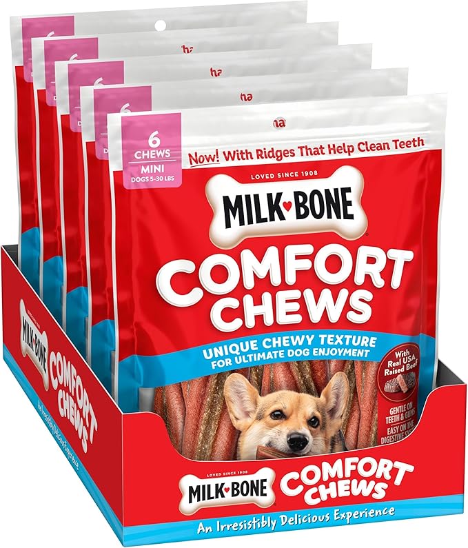 Milk-Bone Comfort Chews, Mini Dog Chews with Unique Chewy Texture and Real Beef, 7.4 Oz. Bag (Case of 5) (6 Chews Each)